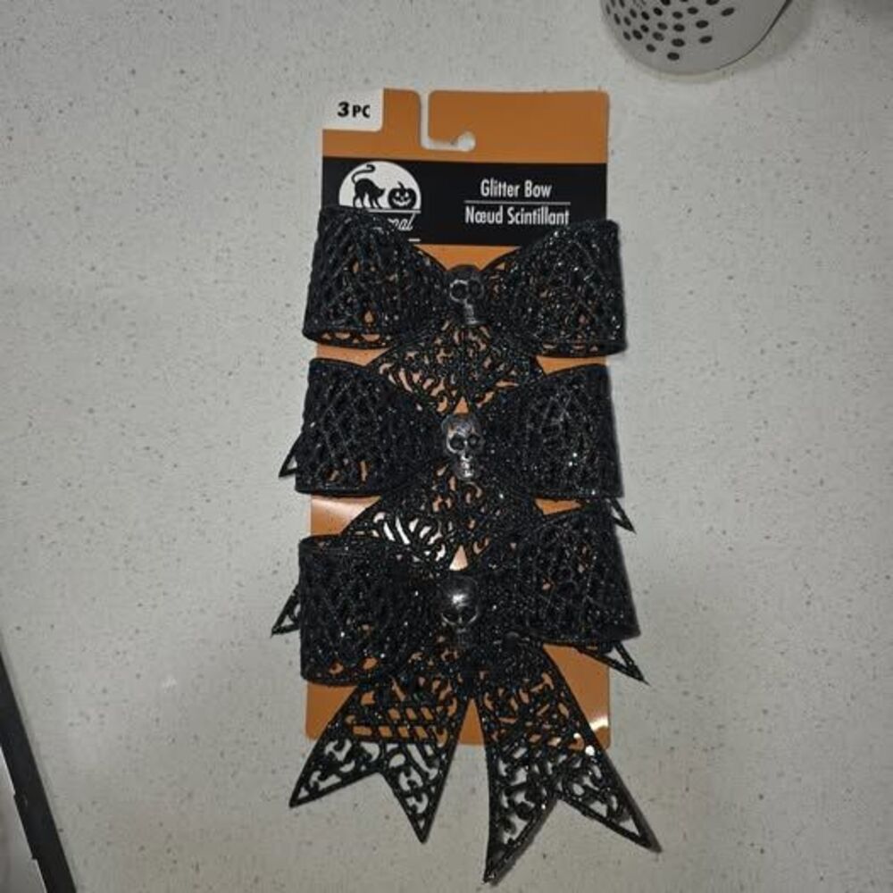 Glitter Lace Halloween Bow Trio - Black